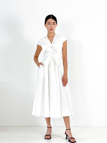 Front Tie Bow Gathered Midi | White