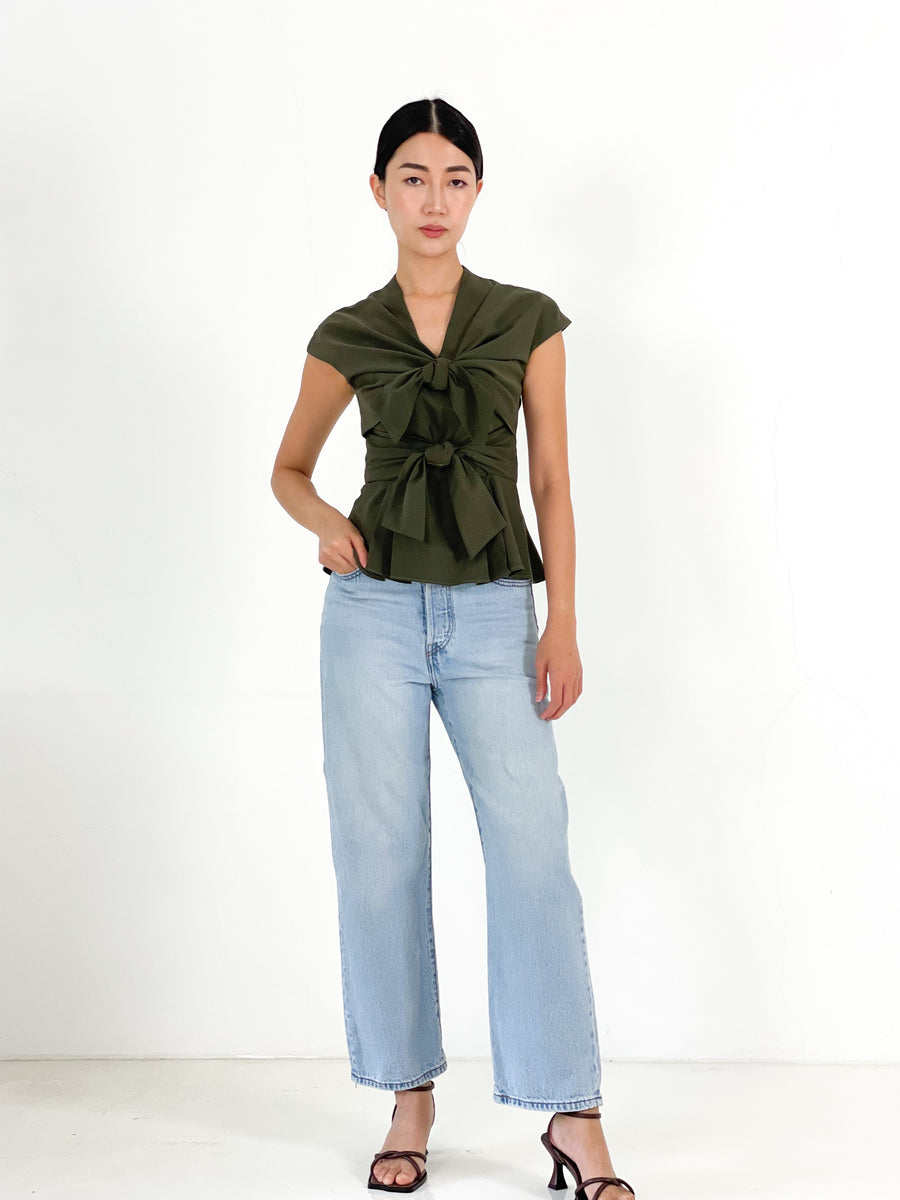 Front Tie Pleated Top  | Army Green