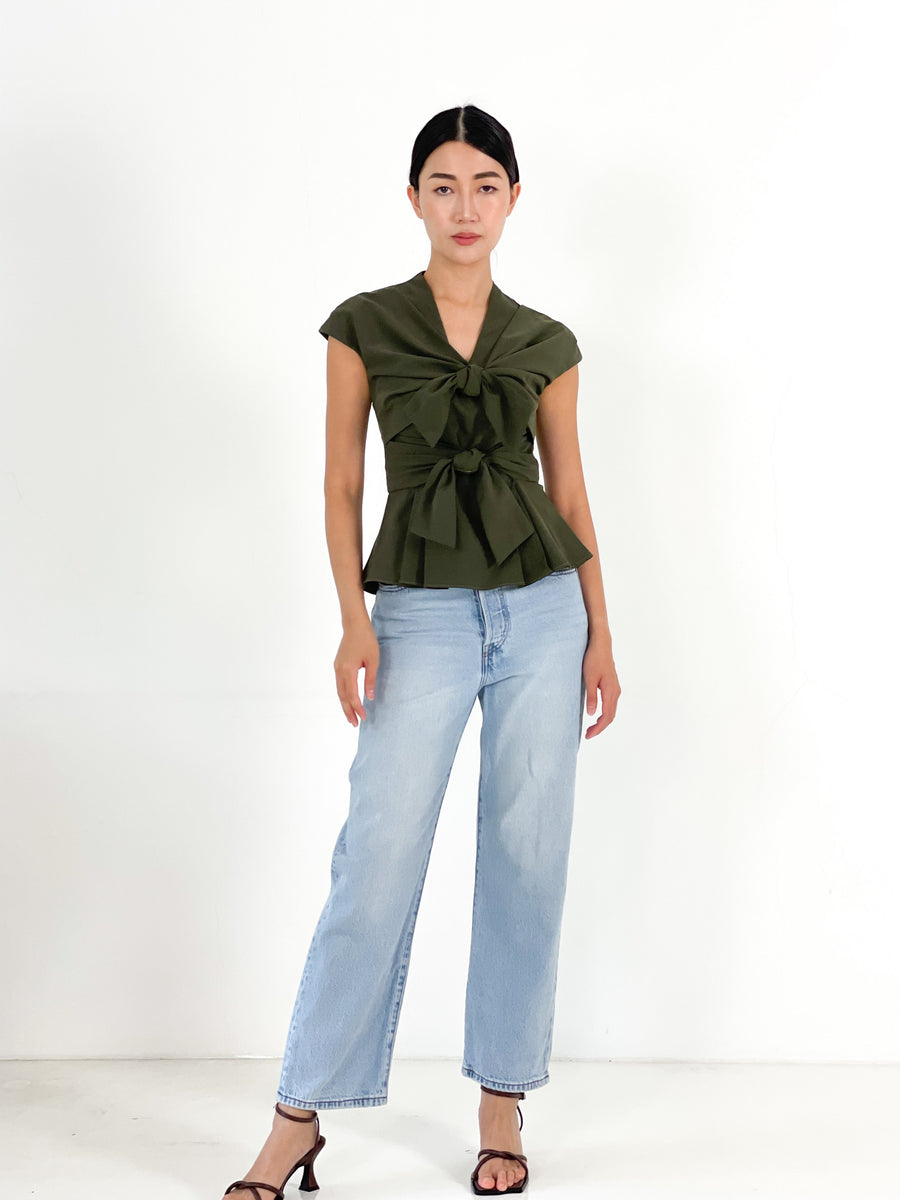 Front Tie Pleated Top  | Army Green