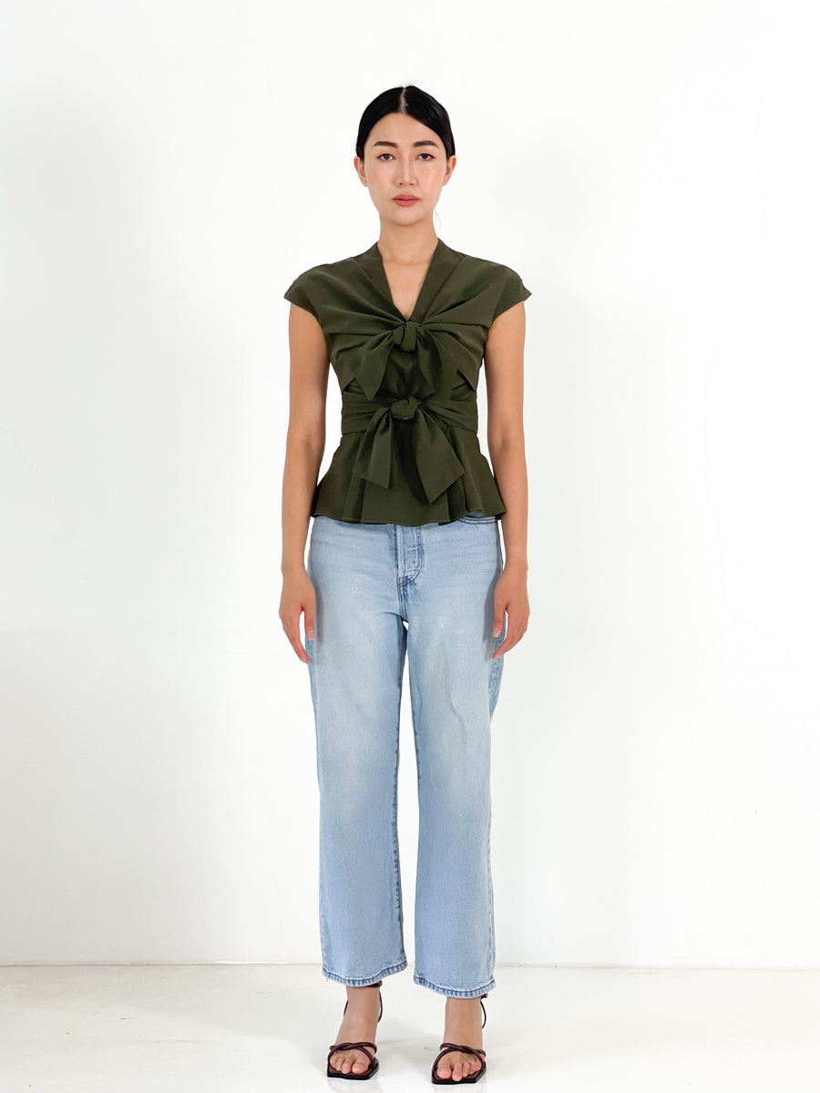 Front Tie Pleated Top  | Army Green