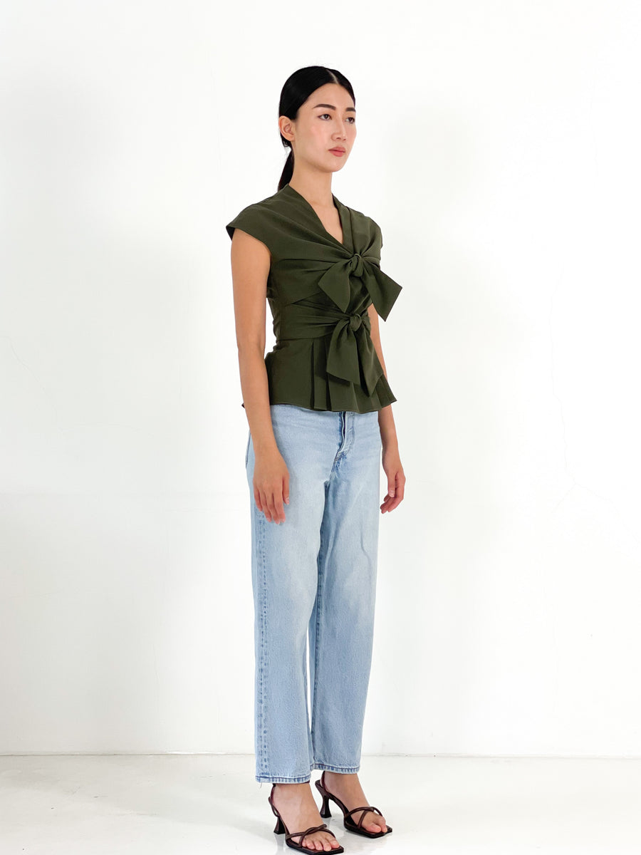 Front Tie Pleated Top  | Army Green