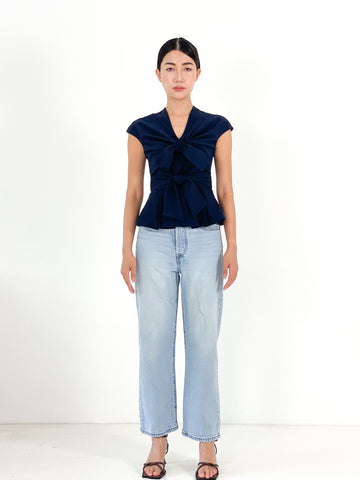 Front Tie Pleated Top  | Navy