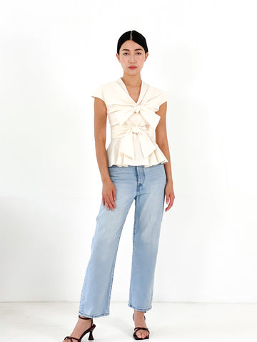 Front Tie Pleated Top  | Cream