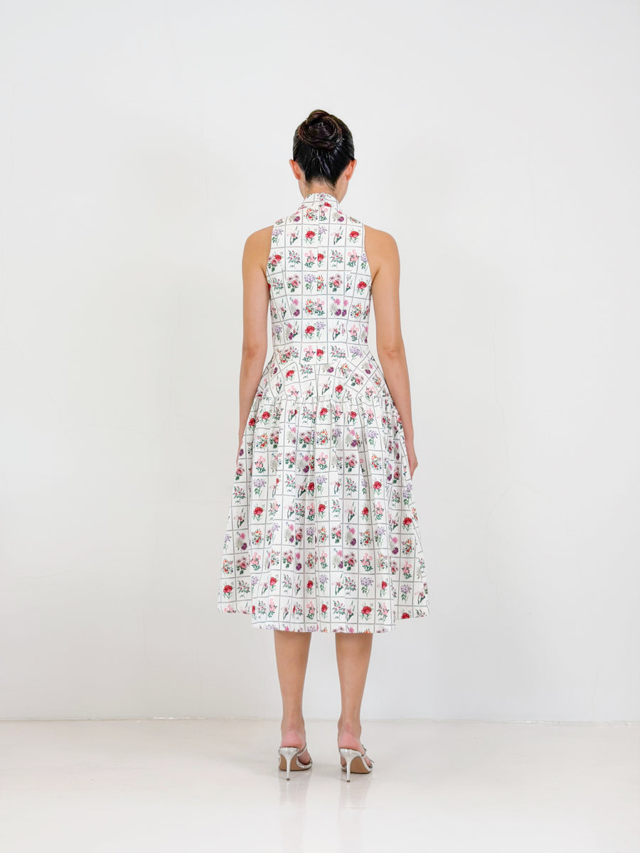 Side Collar Qipao Midi Dress  | White Floral