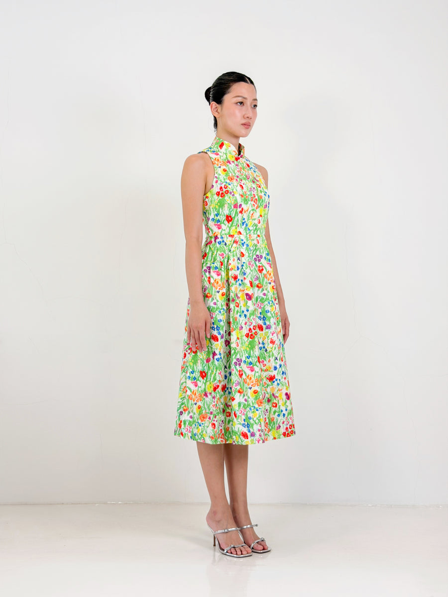 Racer Neck Qipao Midi Dress  | Yellow Floral