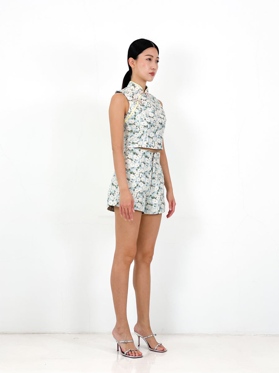 Brocade High Waisted Flare Shorts | Blue Floral