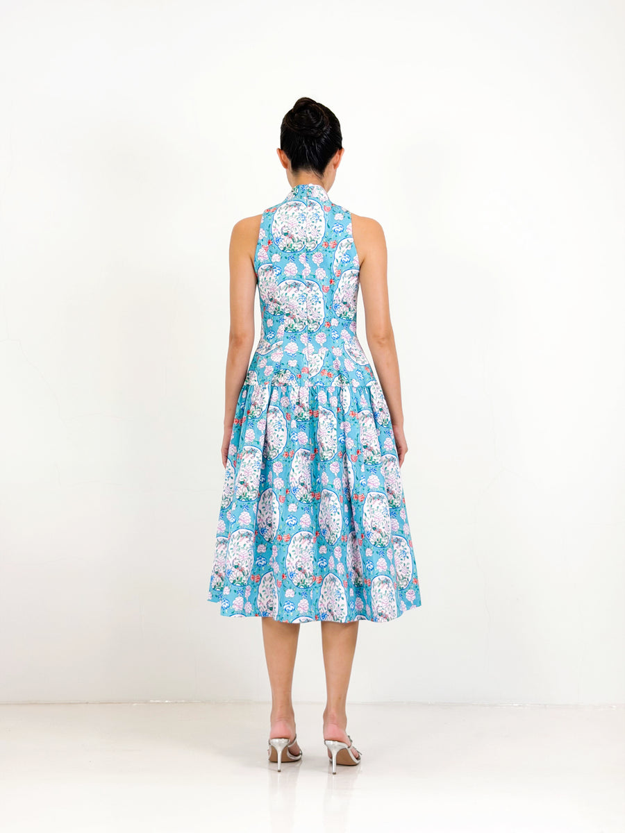 Side Collar Qipao Midi Dress  | Blue Chinoiserie