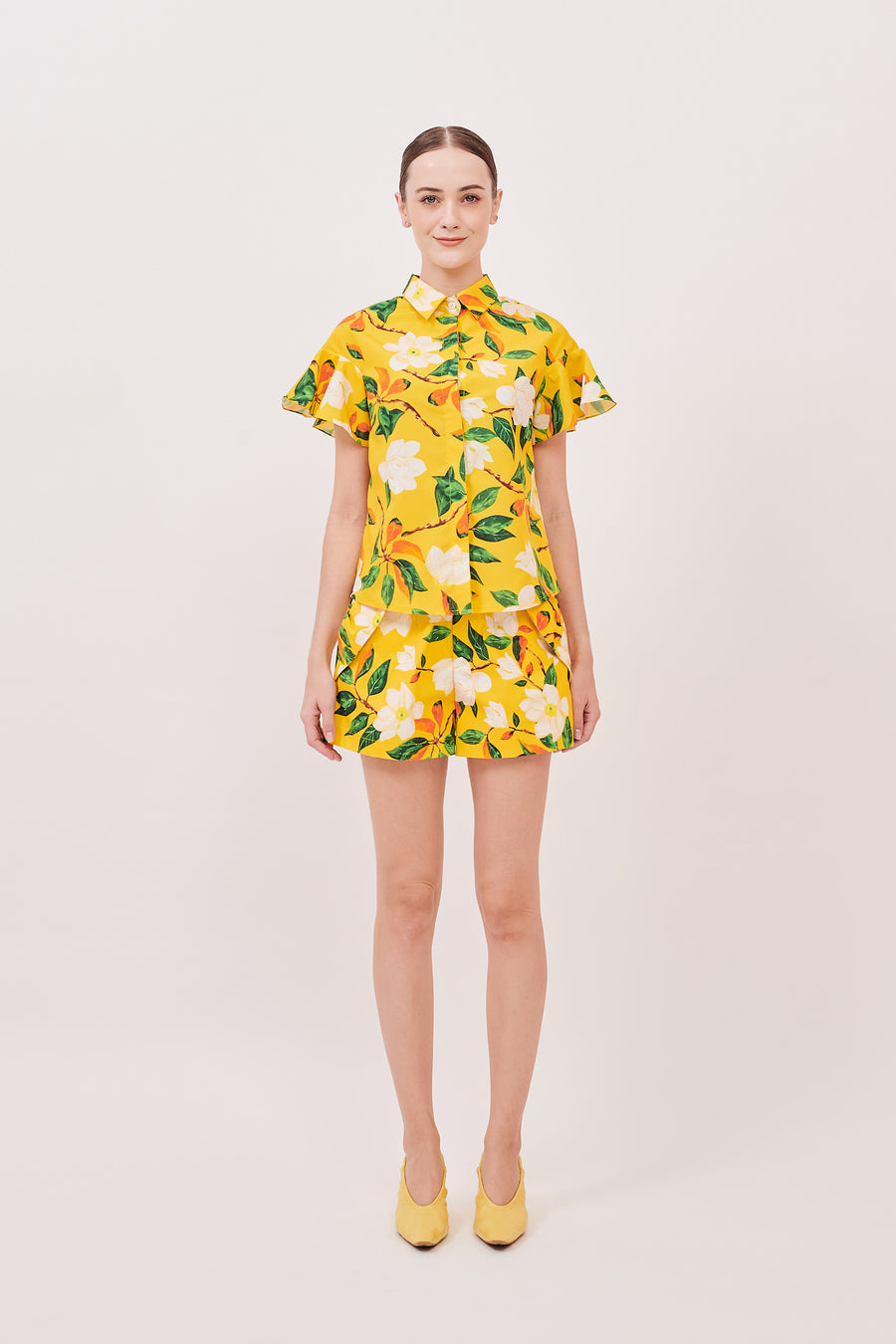 Frill Sleeve Button Down Top  | Yellow Floral