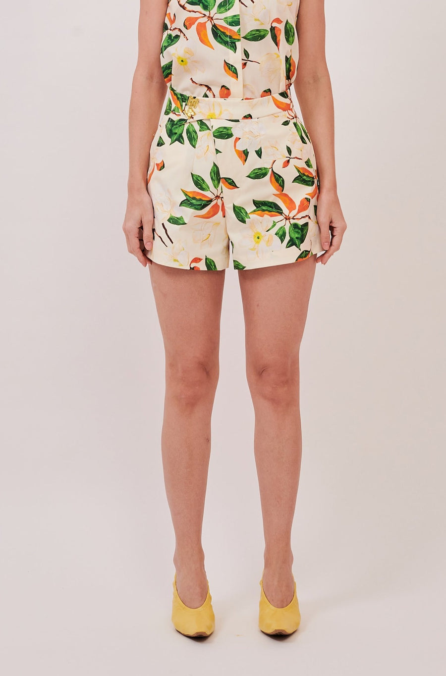 Button Detail Flare Shorts | White Floral