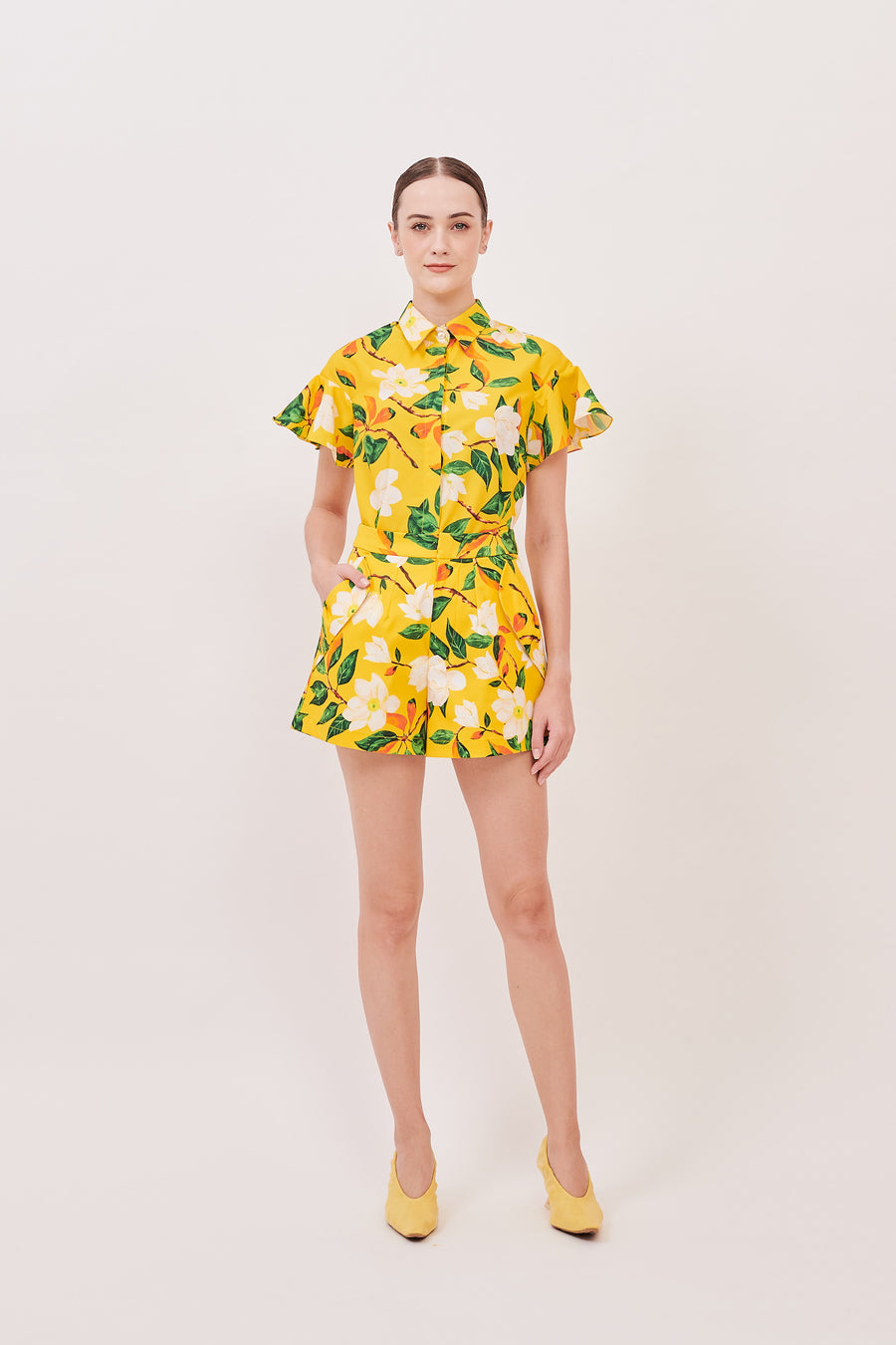 Pleated Pocket Detail Flare Shorts | Yellow Floral