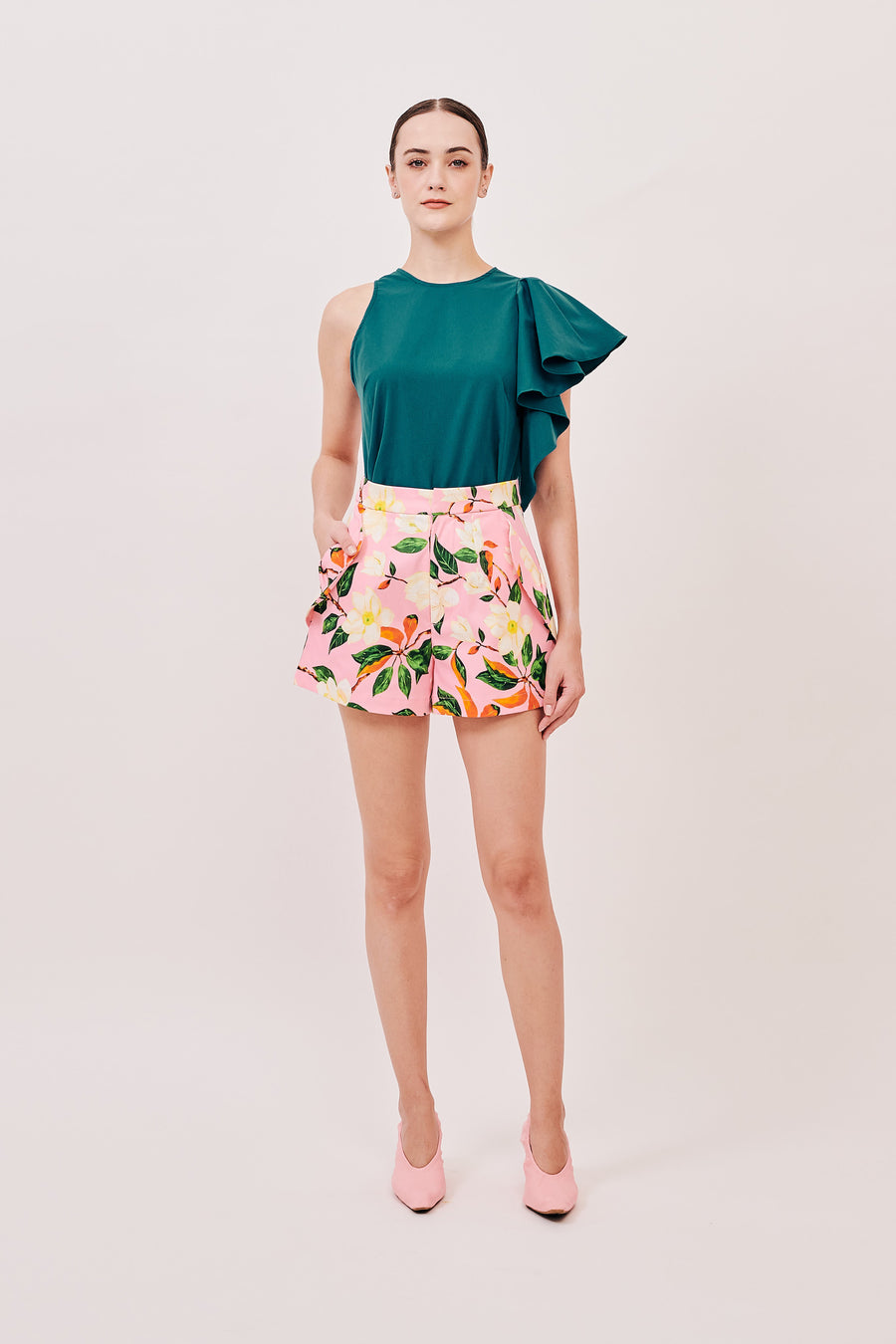 Pleated Pocket Detail Flare Shorts | Pink Floral