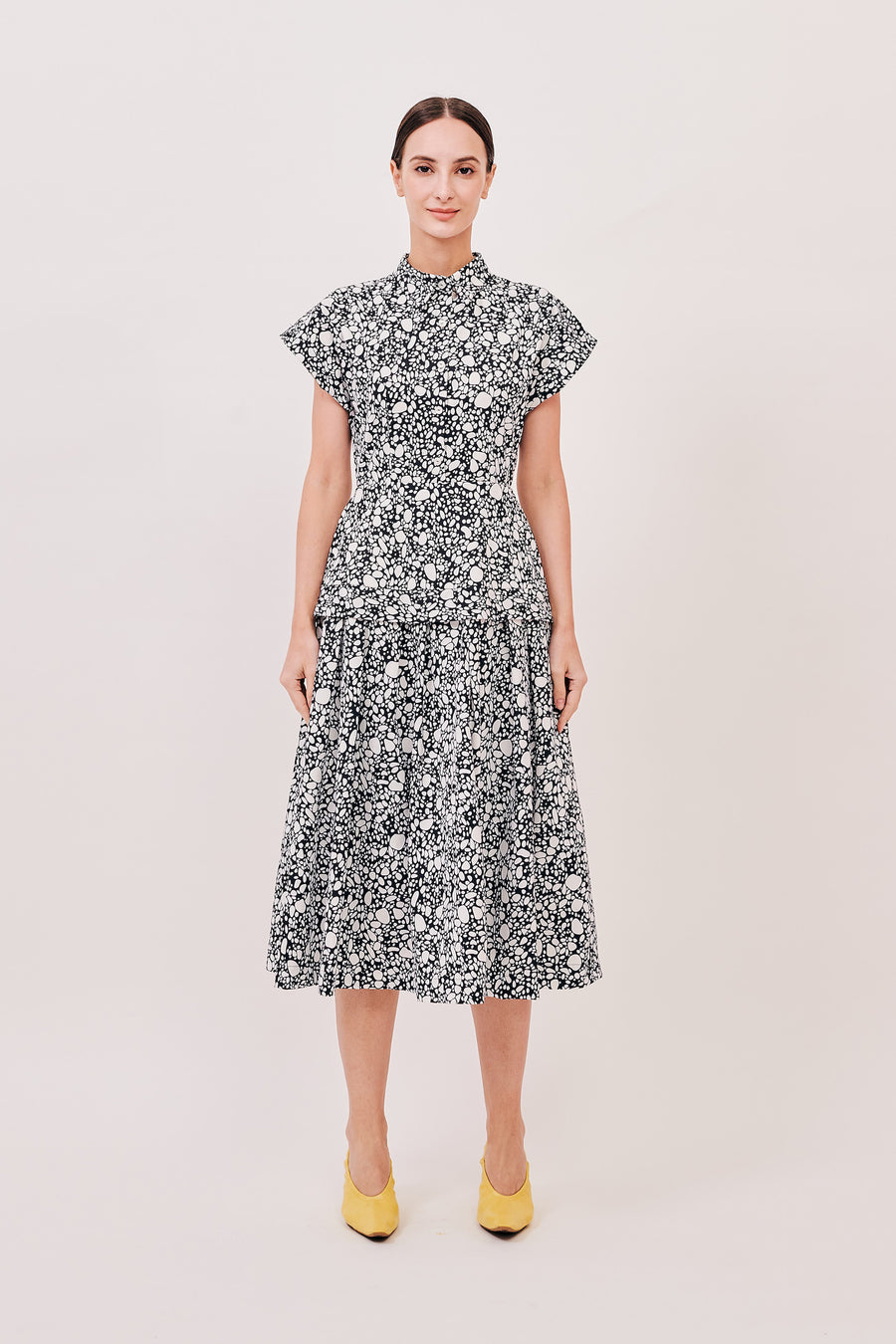 Cap Sleeve Button Down Pleated Midi Dress | Abstract Dots