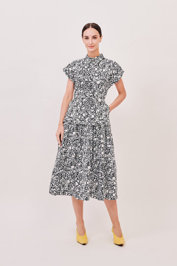 Cap Sleeve Button Down Pleated Midi Dress | Abstract Dots