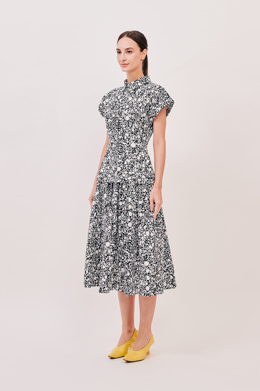 Cap Sleeve Button Down Pleated Midi Dress | Abstract Dots