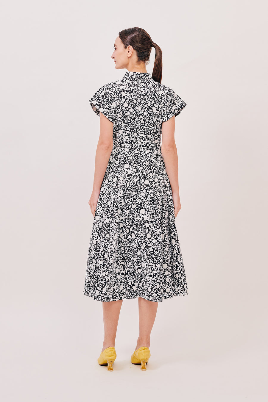 Cap Sleeve Button Down Pleated Midi Dress | Abstract Dots