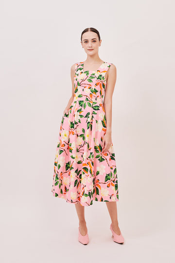 Low V Back Midi Dress | Pink Floral