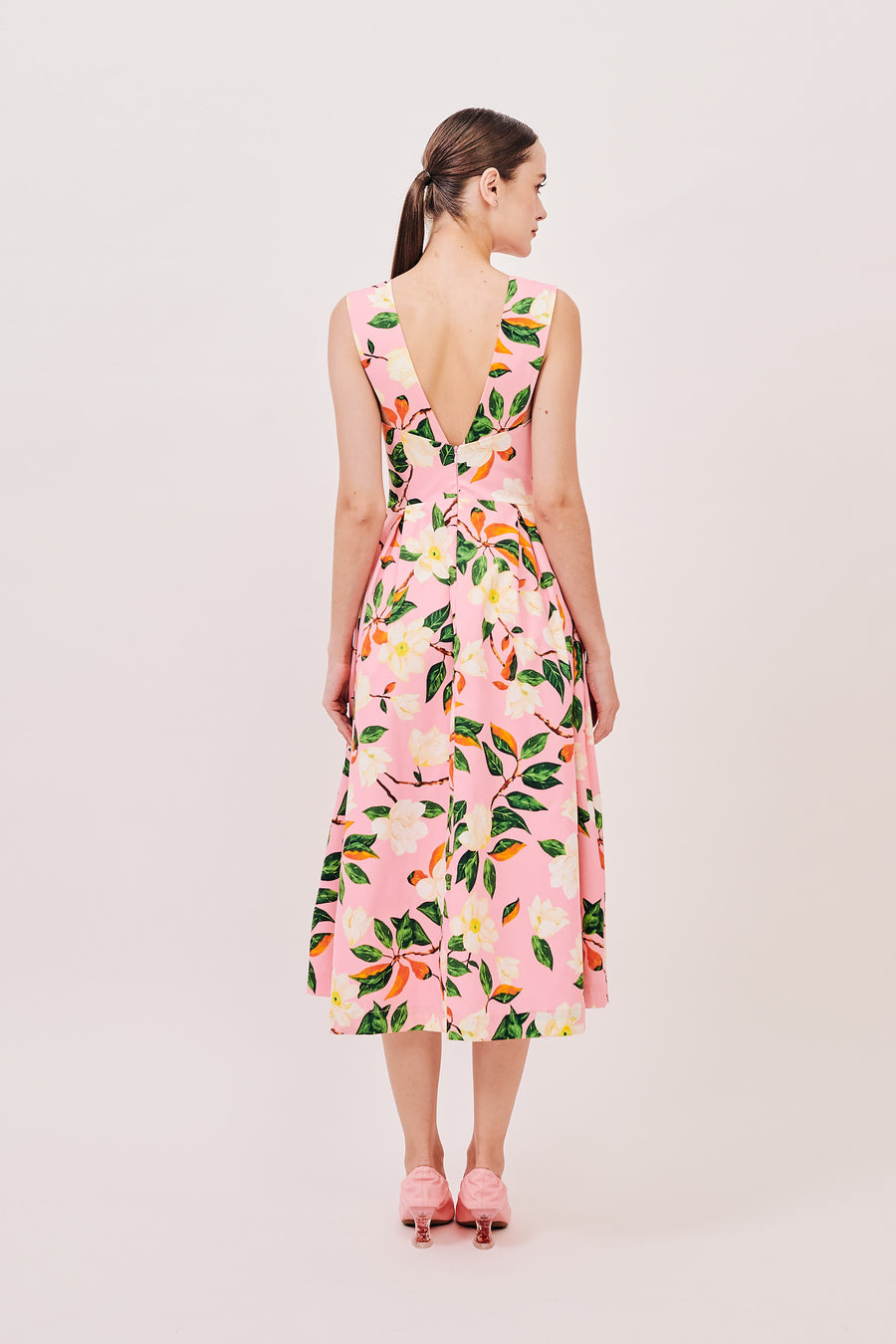 Low V Back Midi Dress | Pink Floral