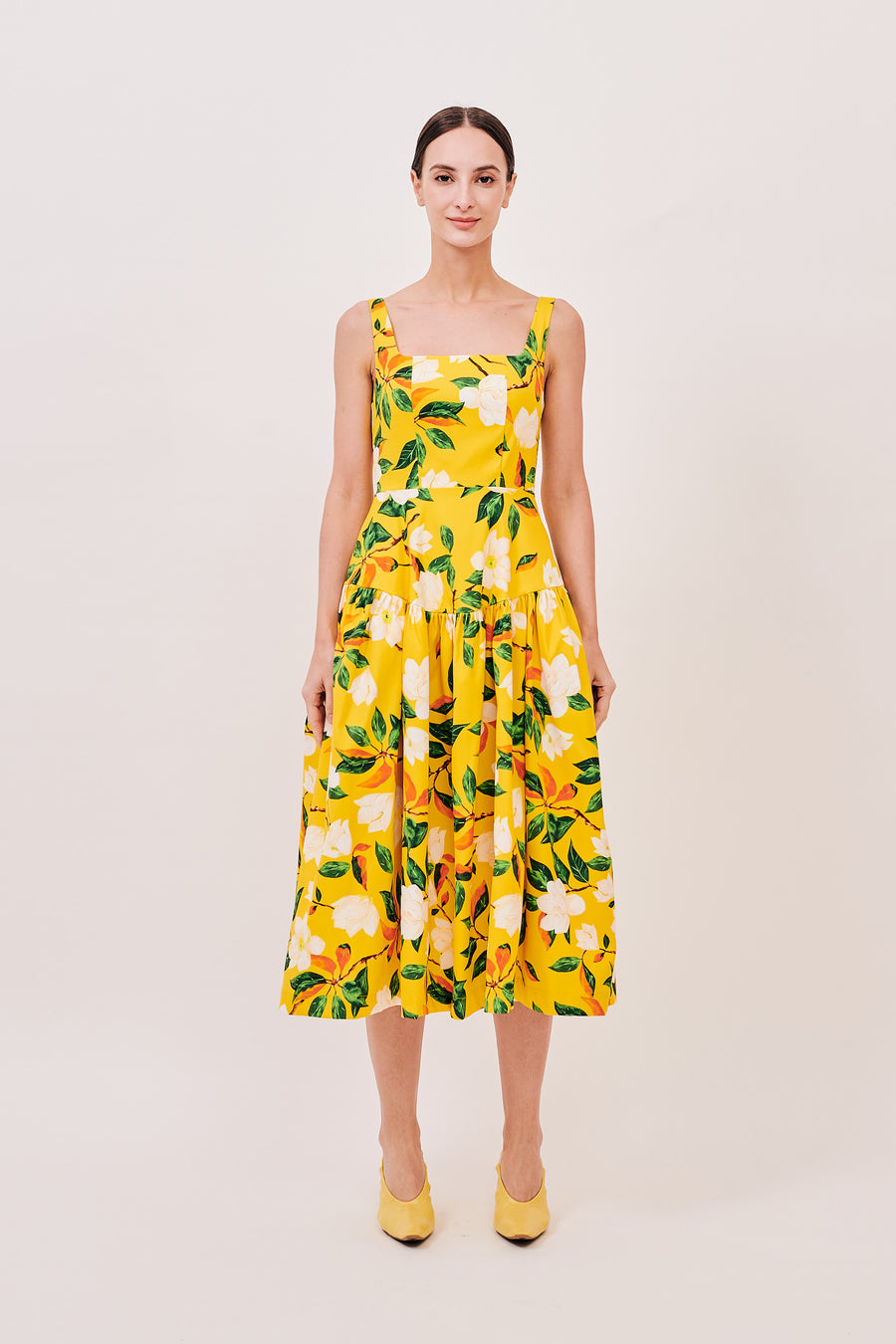 Square Neck Gathered Midi Dress | Yellow Floral