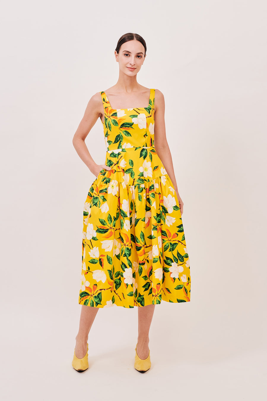 Square Neck Gathered Midi Dress | Yellow Floral