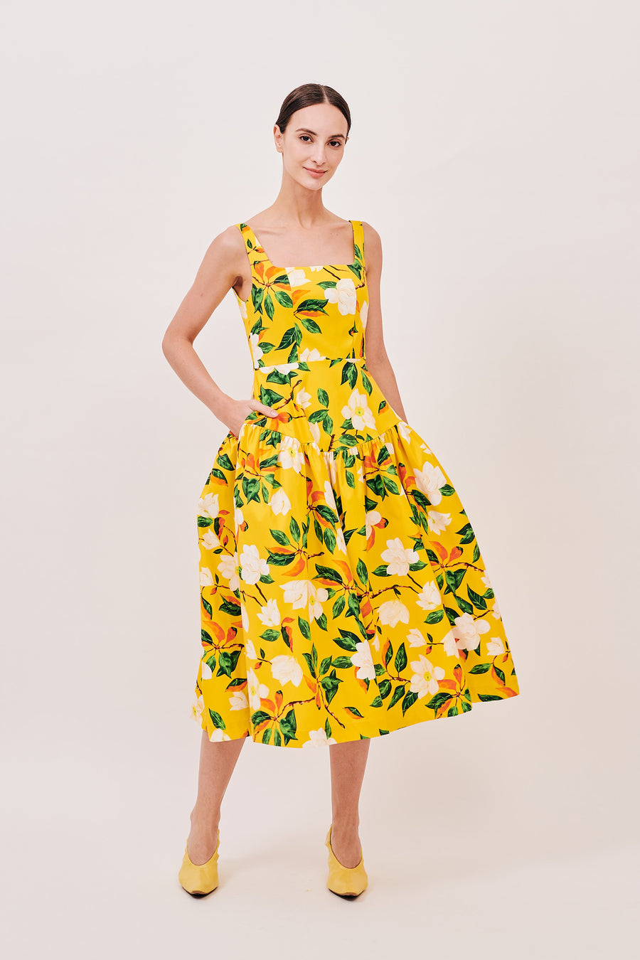 Square Neck Gathered Midi Dress | Yellow Floral