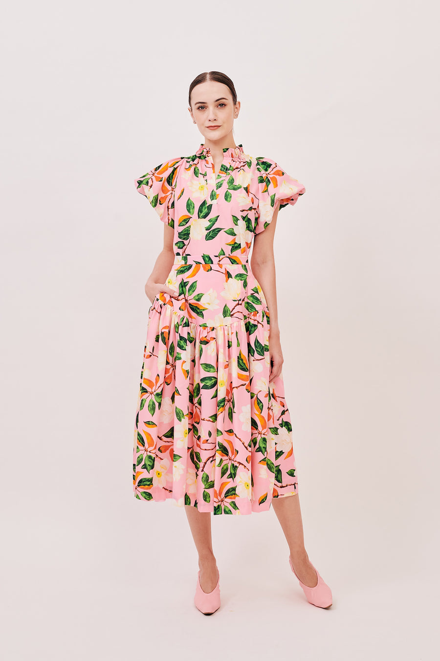 Gathered Hip Flare Midi | Pink Floral