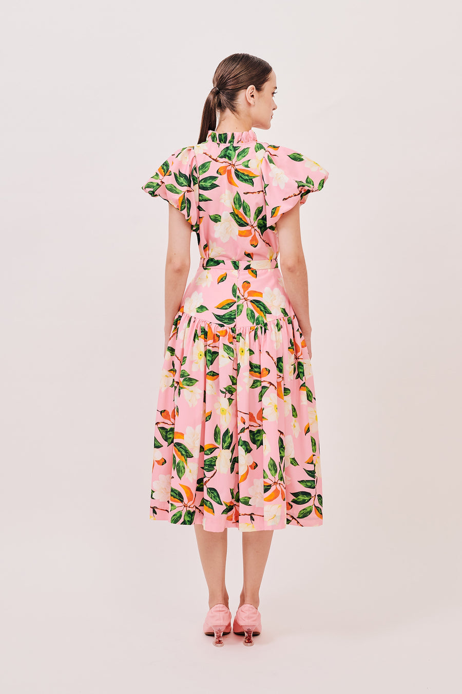 Gathered Hip Flare Midi | Pink Floral