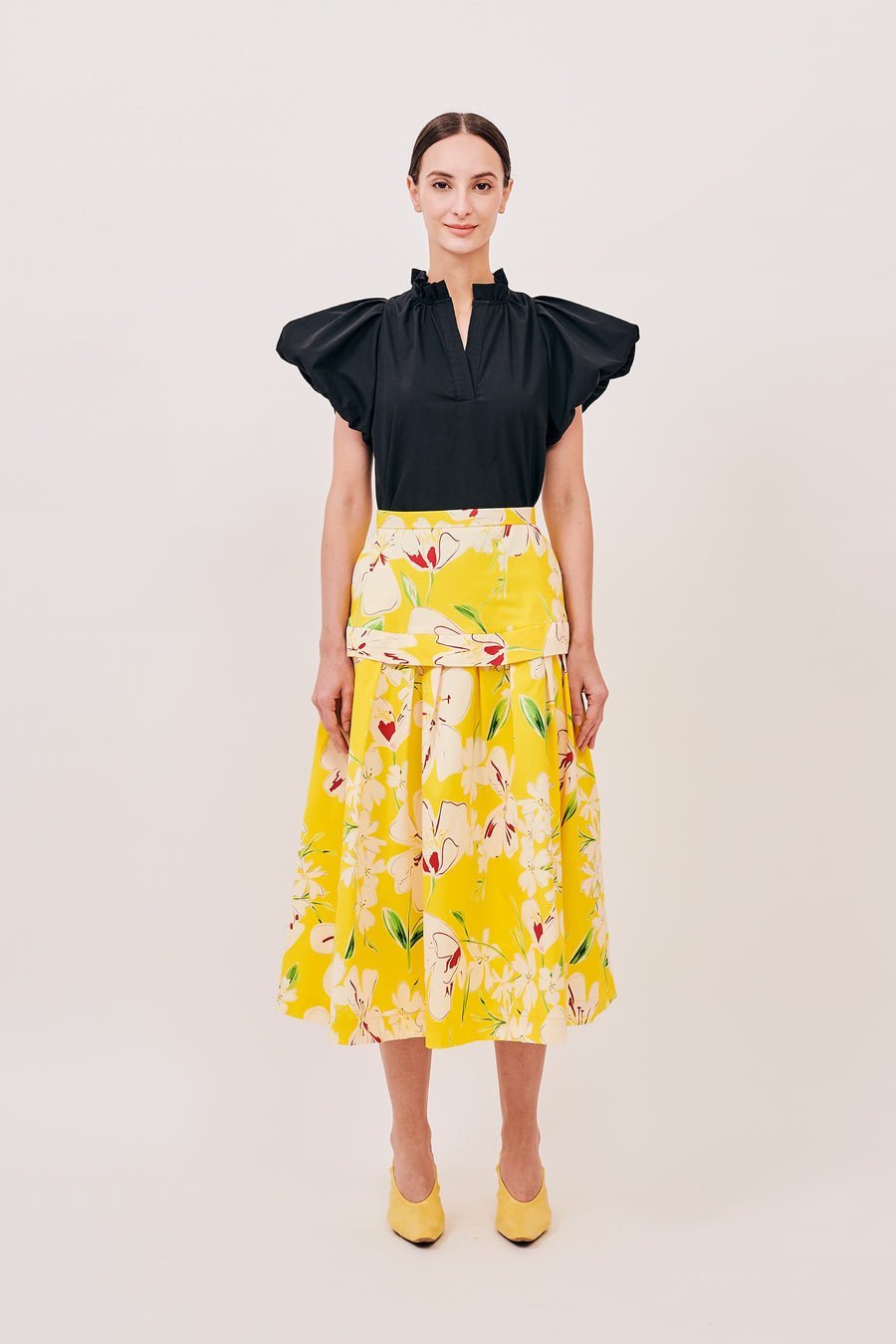 Pleated Hip Flare Midi | Yellow Floral