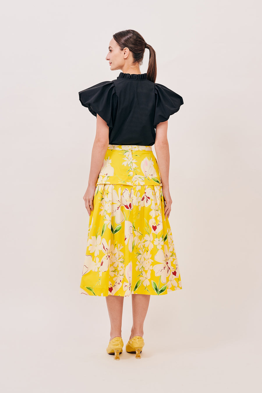 Pleated Hip Flare Midi | Yellow Floral