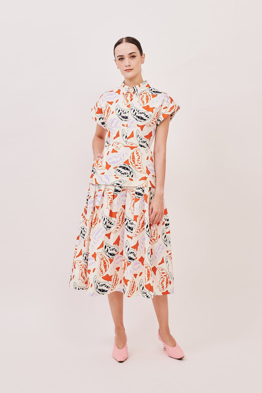 Cap Sleeve Button Down Pleated Midi Dress | Butterfly