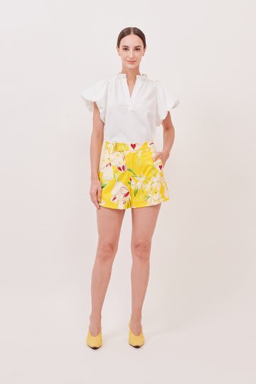 Ruffle Neck Puff Sleeve Top  | White