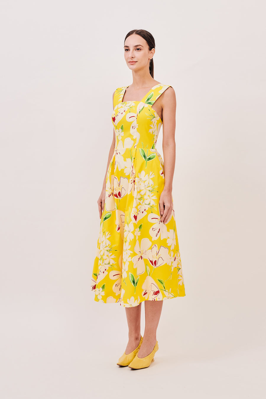 Low V Back Midi Dress | Yellow Floral
