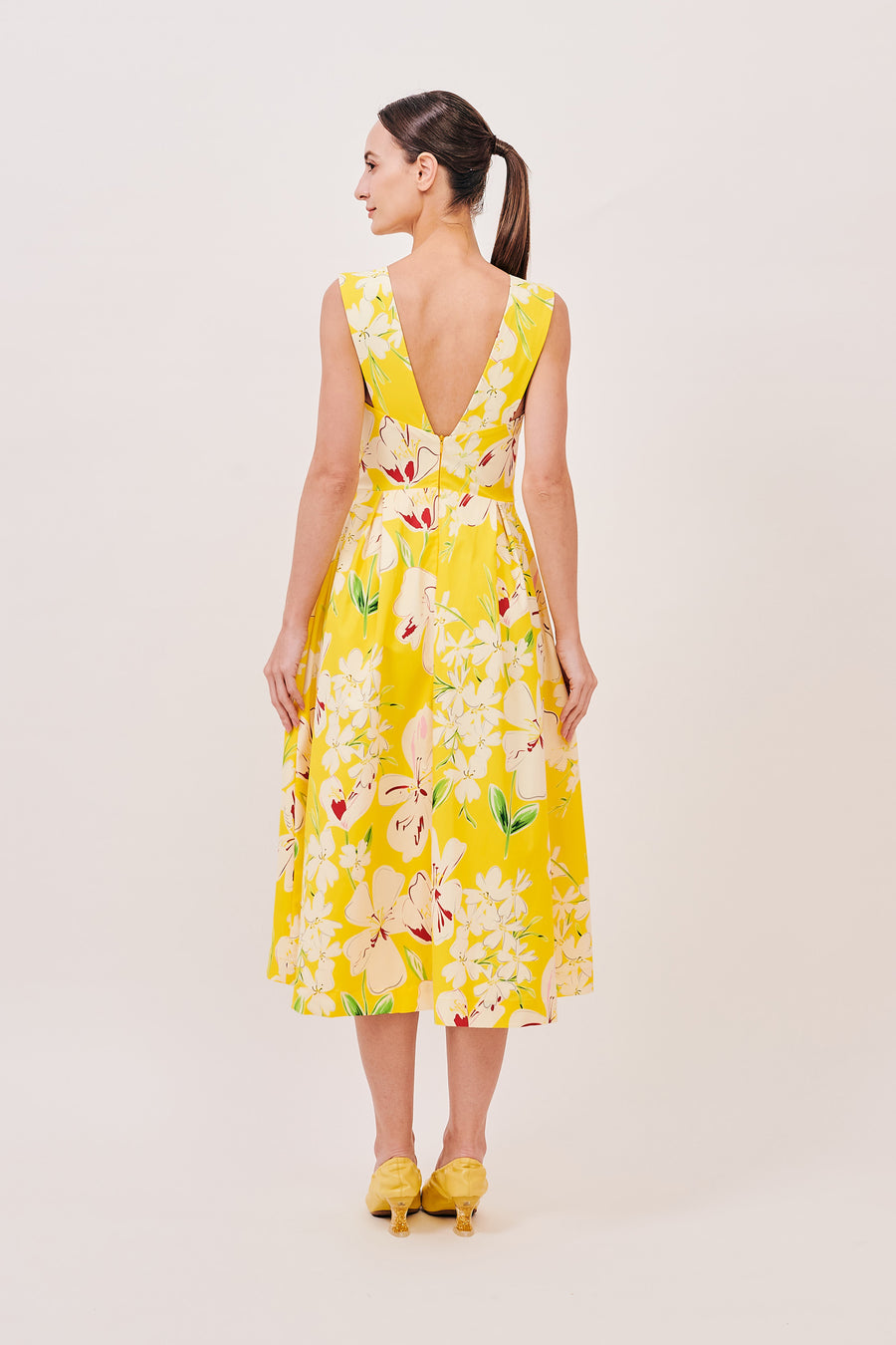 Low V Back Midi Dress | Yellow Floral