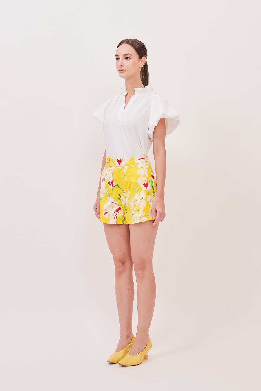 Ruffle Neck Puff Sleeve Top  | White