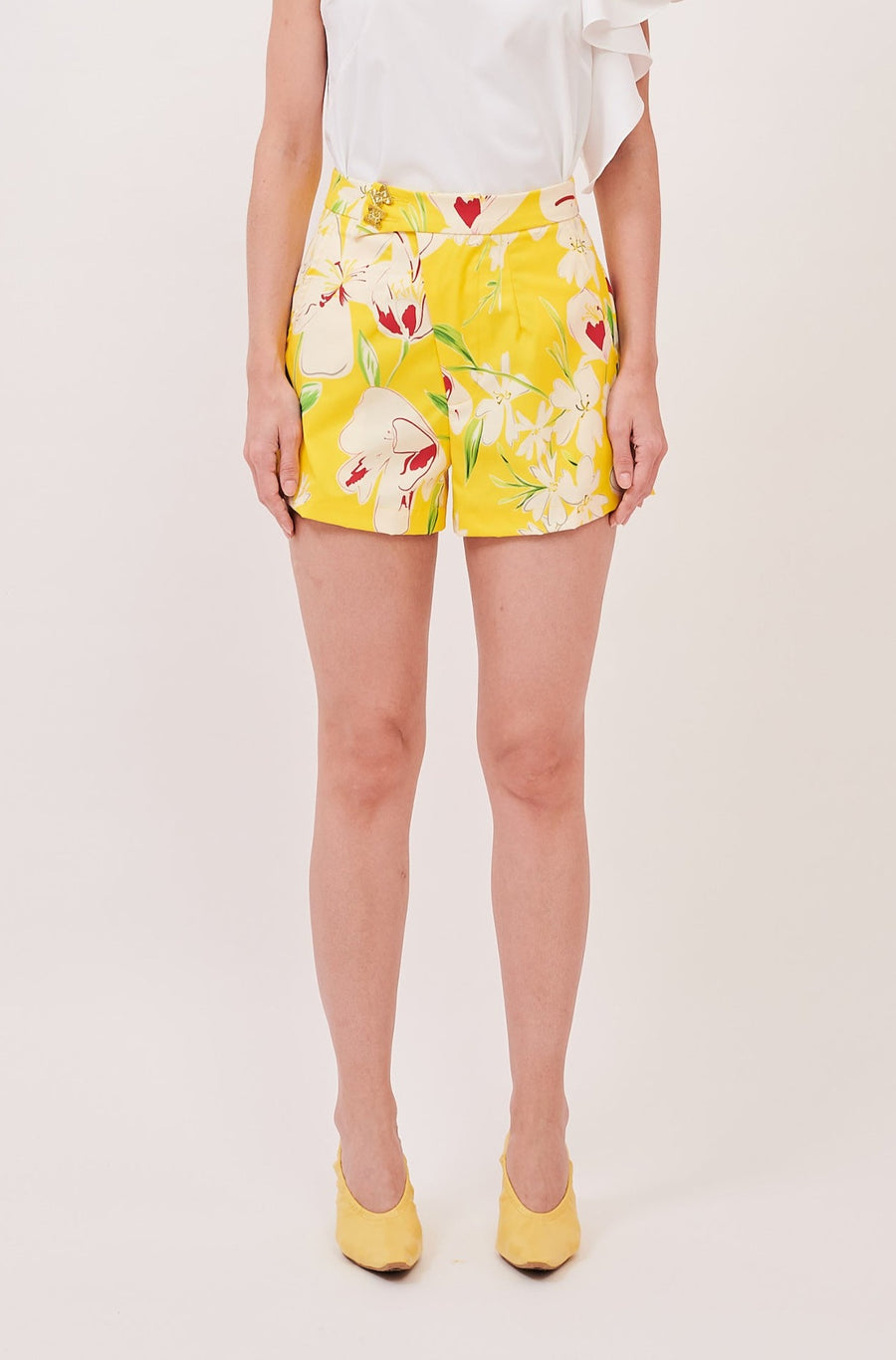 Button Detail Flare Shorts | Yellow Floral