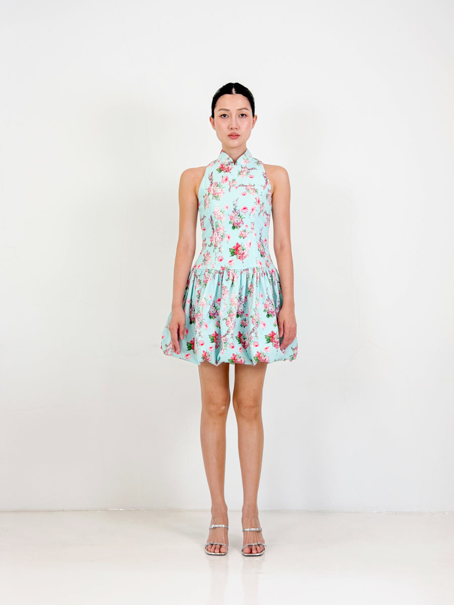 Bubble Qipao Mini Dress  | Blue Floral