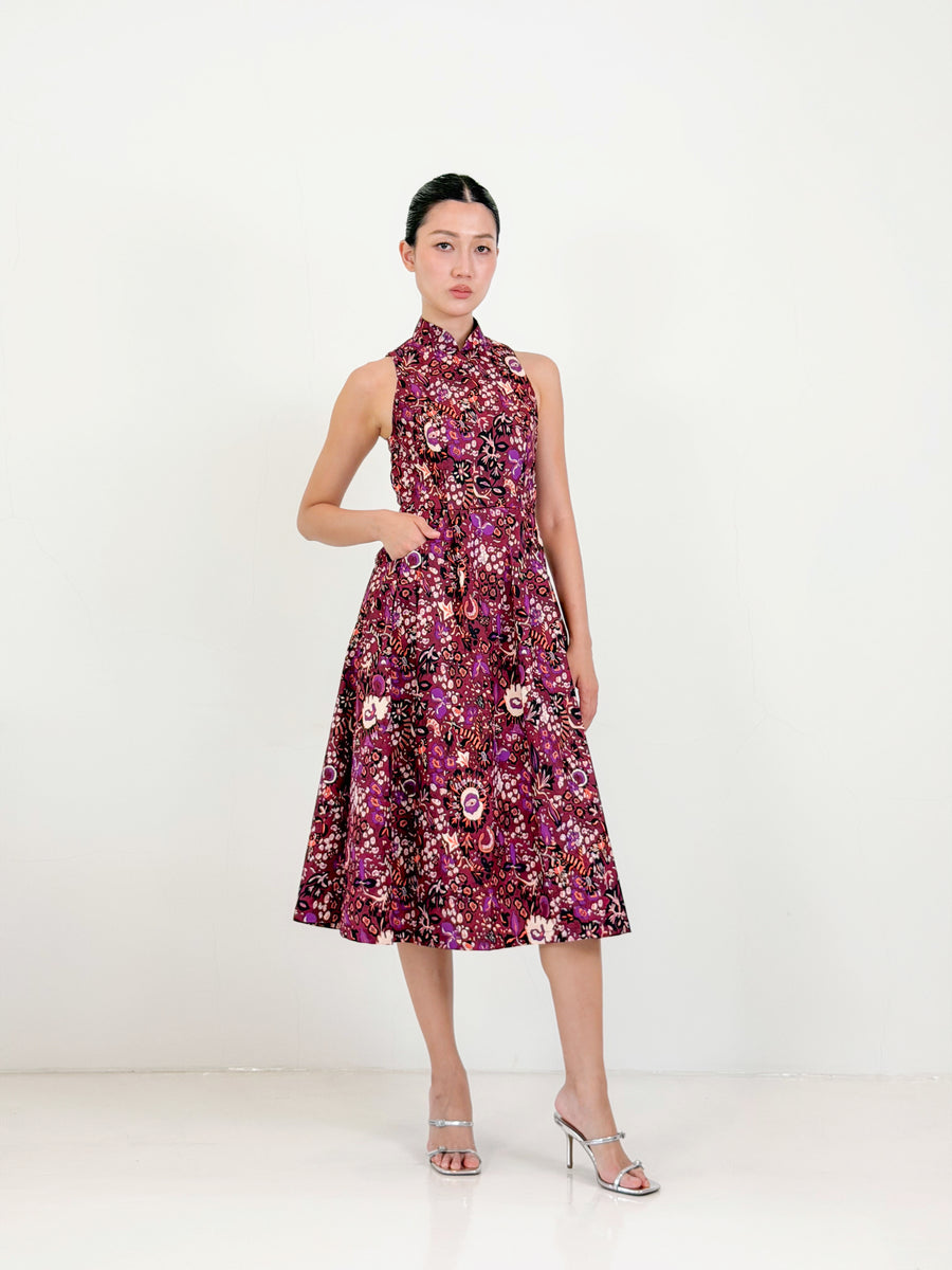 Racer Neck Qipao Midi Dress  | Purple Floral