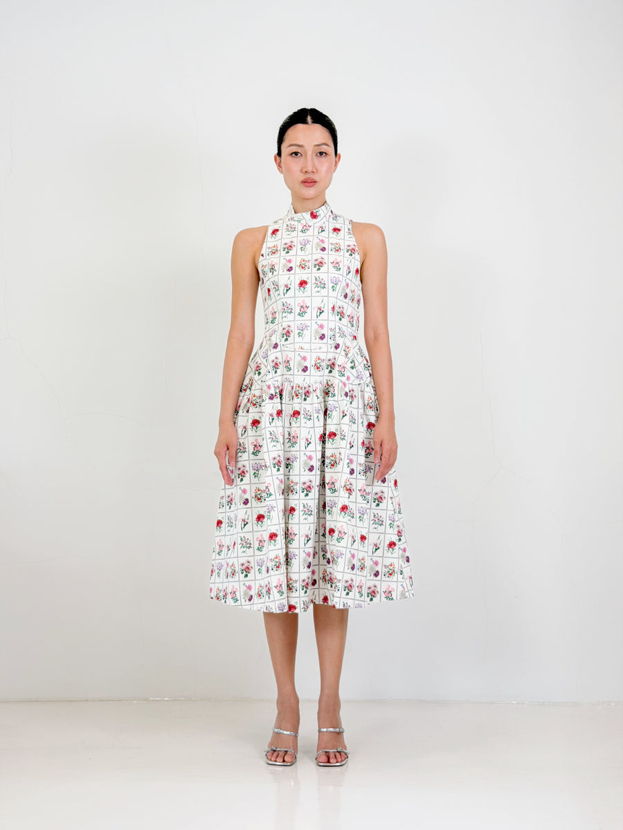 Side Collar Qipao Midi Dress  | White Floral