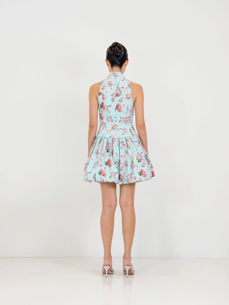 Bubble Qipao Mini Dress  | Blue Floral
