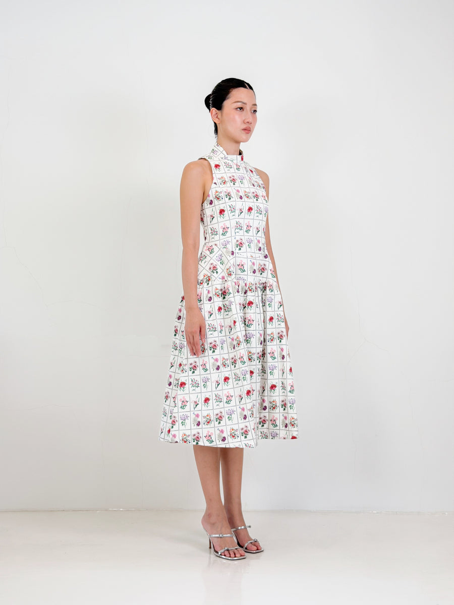 Side Collar Qipao Midi Dress  | White Floral