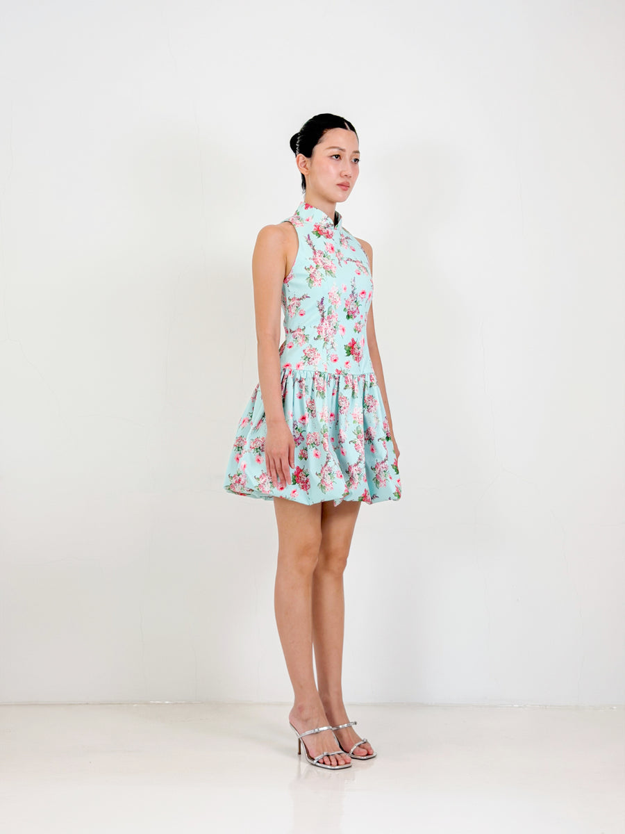 Bubble Qipao Mini Dress  | Blue Floral