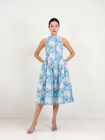 Side Collar Qipao Midi Dress  | Blue Chinoiserie