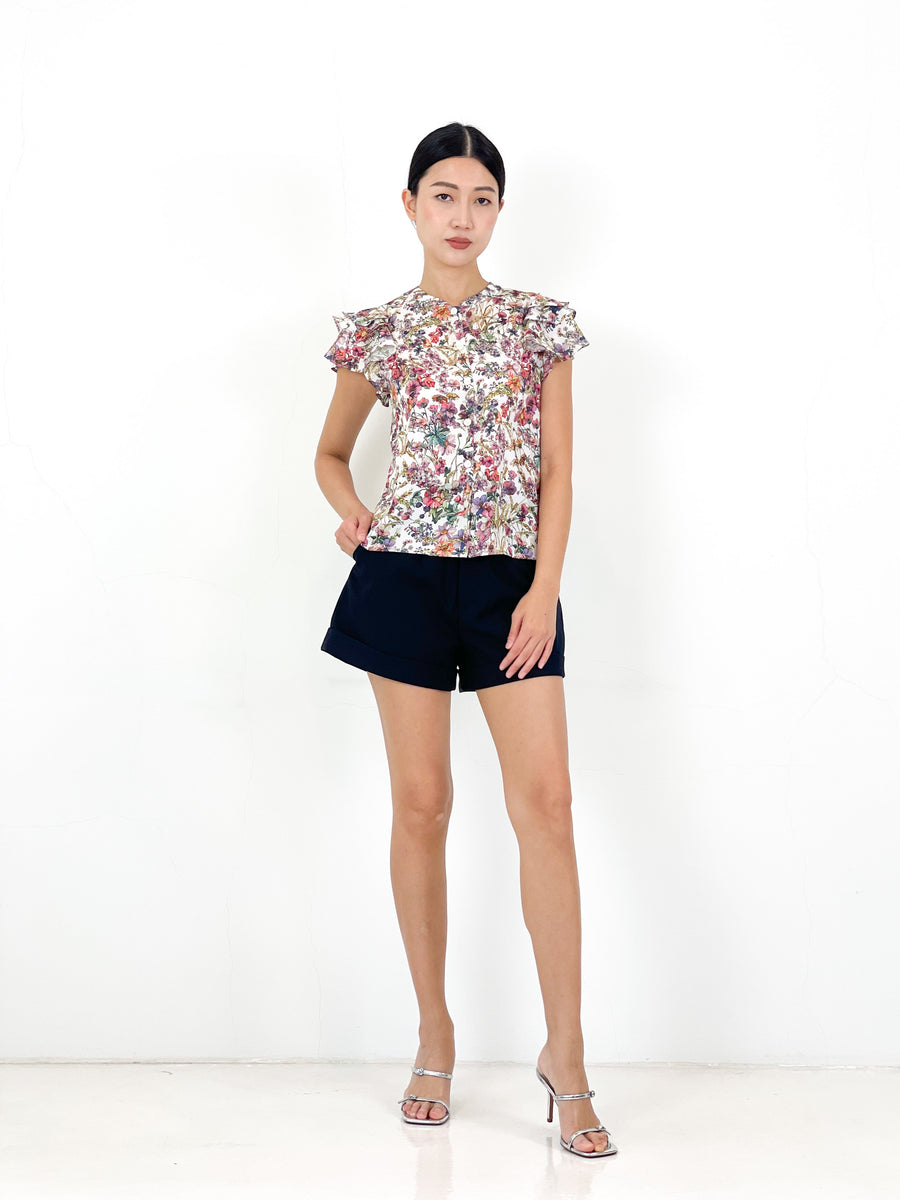 Frill Sleeve Button Down Top  | White Floral
