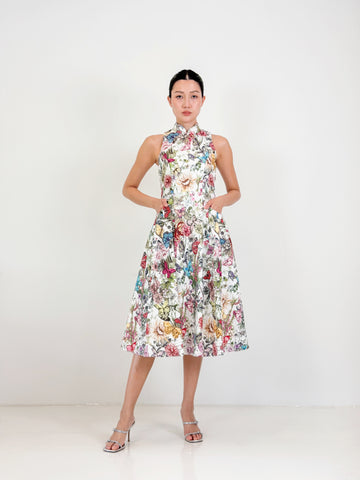 Racer Neck Qipao Midi Dress  | Multi Floral
