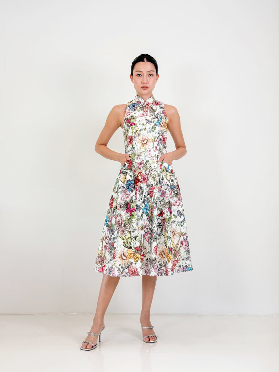 Racer Neck Qipao Midi Dress  | Multi Floral