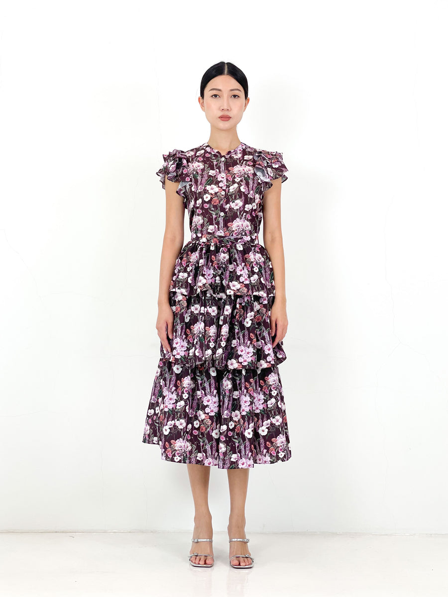 Frill Sleeve Button Down Top  | Brown Purple