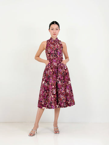 Racer Neck Qipao Midi Dress  | Purple Floral