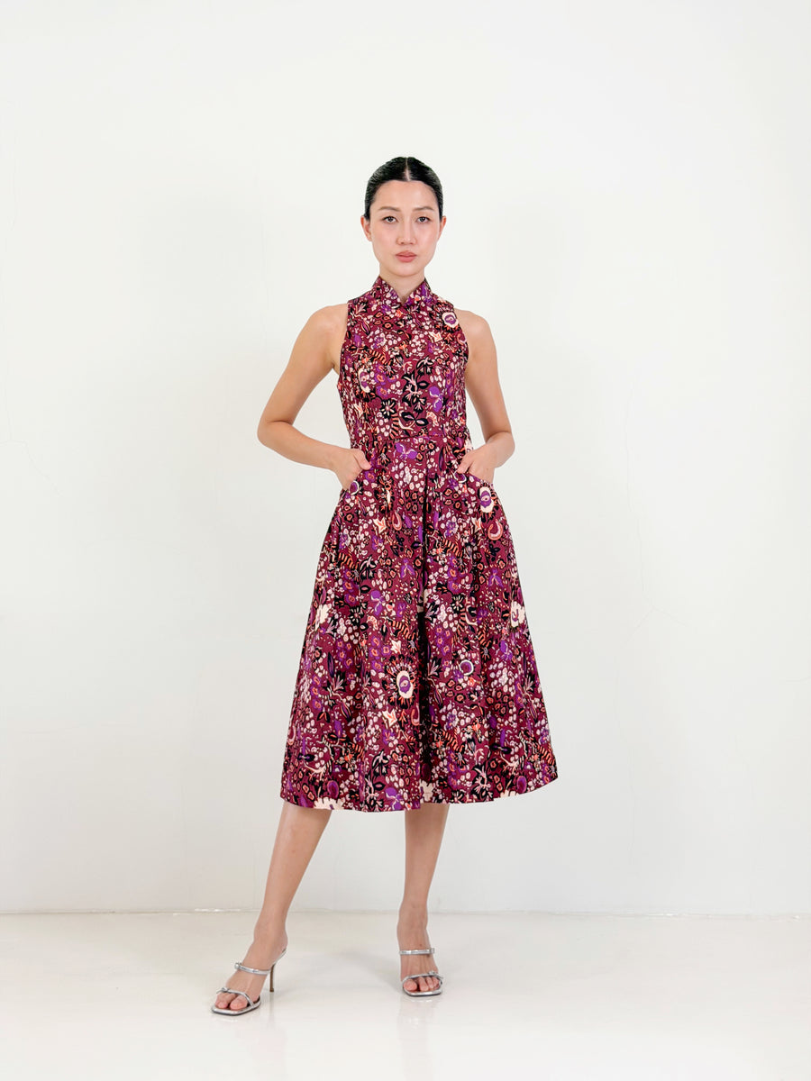Racer Neck Qipao Midi Dress  | Purple Floral