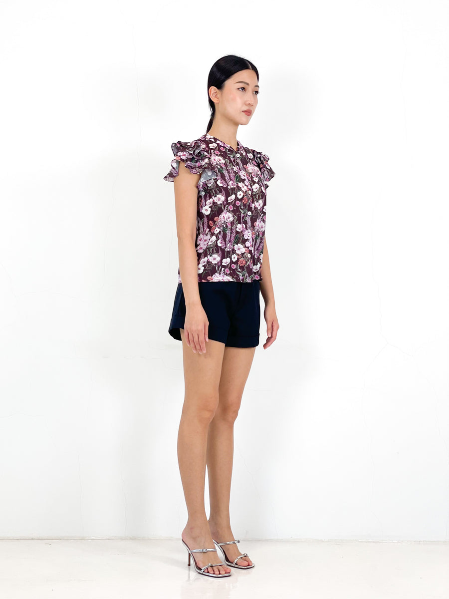 Frill Sleeve Button Down Top  | Brown Purple