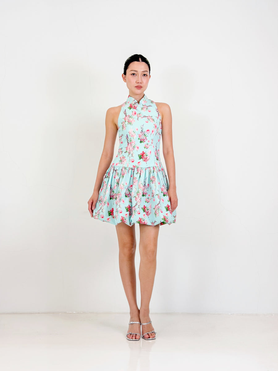 Bubble Qipao Mini Dress  | Blue Floral