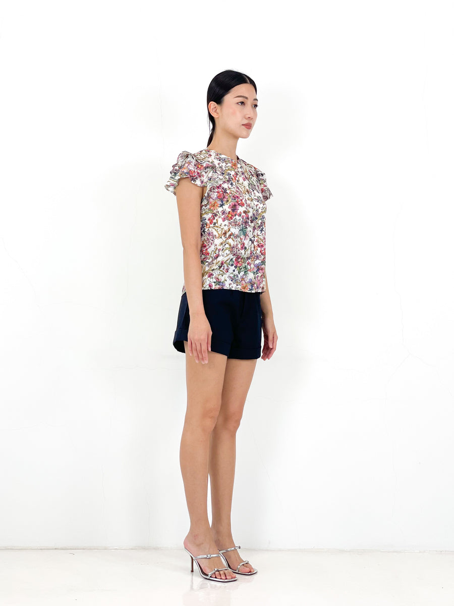 Frill Sleeve Button Down Top  | White Floral